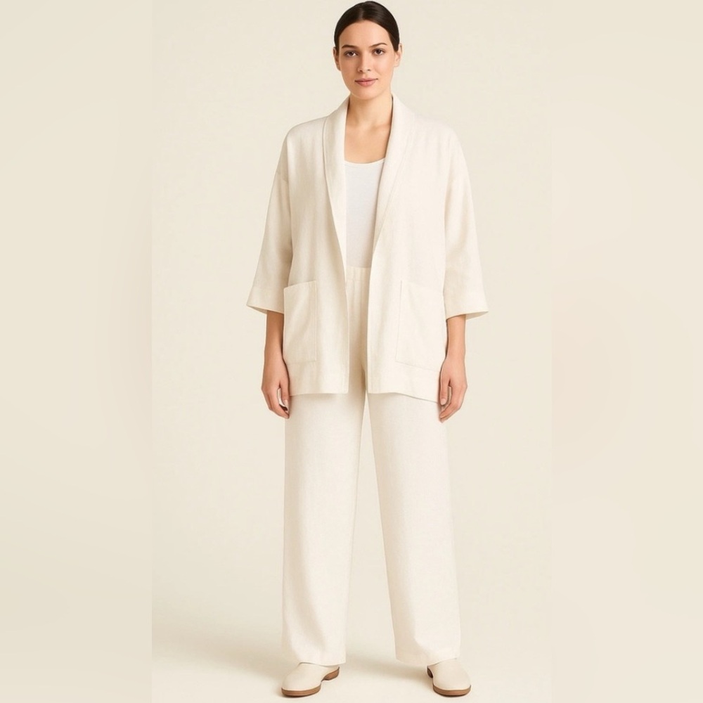 Eileen Fisher White Suit Linen Blend Jacket XL Pants L Open Blazer READ
